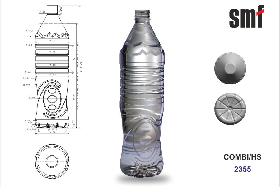 Technical drawings and a 3D visualization of a PET bottle (model COMBI/HS 2355), serving as an example of a product that can be manufactured by a blowing machine.