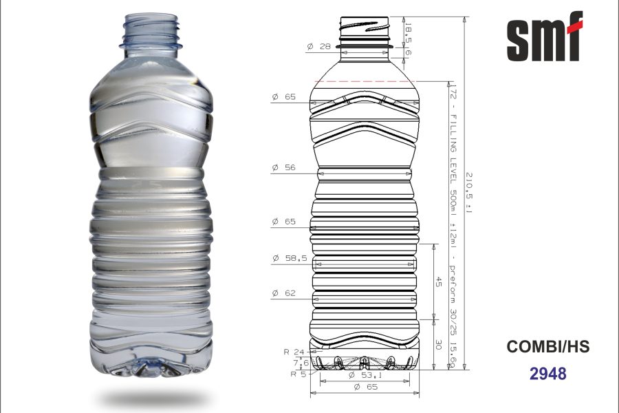 Technical drawings and a 3D rendering of a clear PET bottle with a 500ml filling level (model COMBI/HS 2948), an example of a product that can be manufactured by a blowing machine.